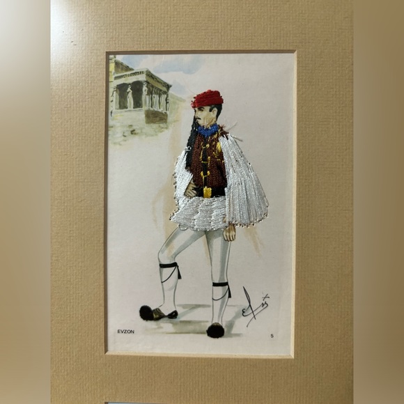Vintage Greek dance inspired silk embroidered wood framed postcards by Isabel - Picture 2 of 12